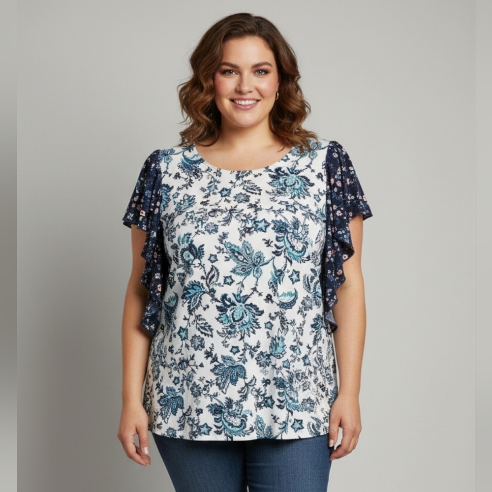 Angels Forever Young Women's White Paisley Print Ruffle Short Sleeve Top Large